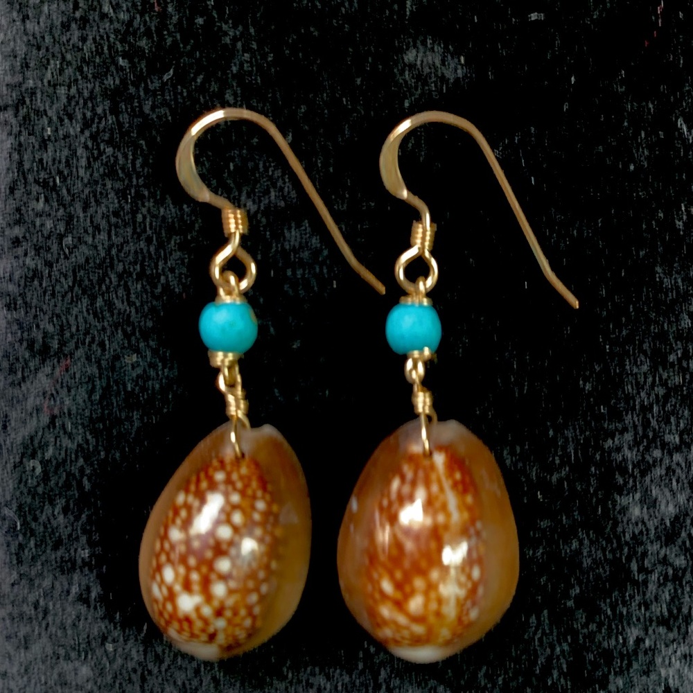 14k Gold Filled earrings; Cowrie Shells w/Turquoise Beads